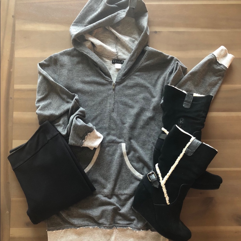 Gray and white hooded sweatshirt
